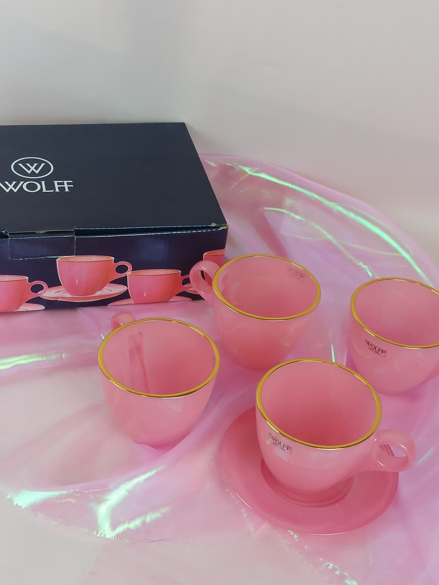 Jogo Xícaras Rosa Fio de Ouro 